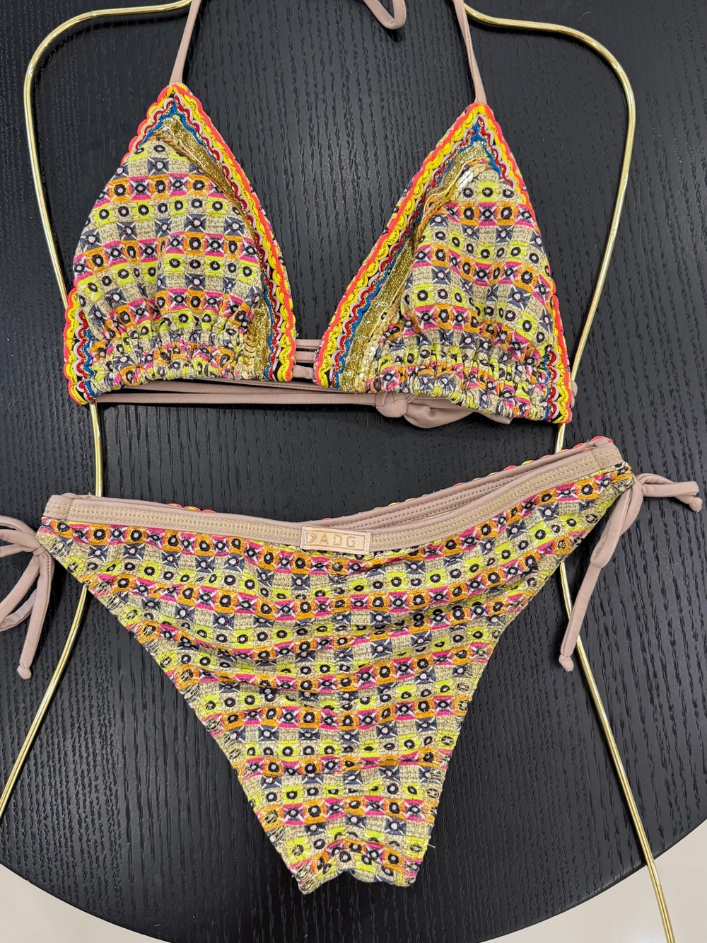 Yellow Multi-Color Embroidered Triangle Bikini